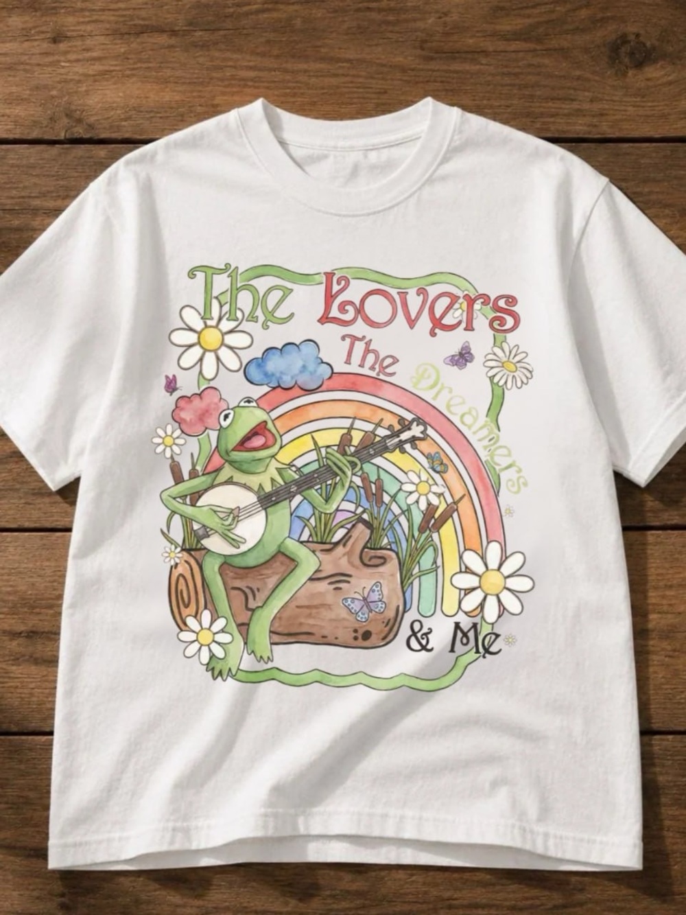 White Tee with Multicolor Kermit Graphic and Rainbow